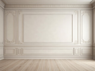 Classic empty white interior with blank wall with moldings and wood floor. Ai generated.