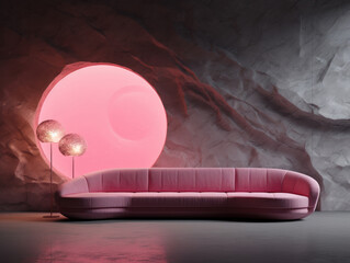 Futuristic minimalist interior in cave with pink light, sofa and decor. Ai generated.