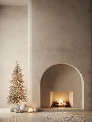 Christmas minimalist interior with fireplace, plaster walls and decor. Ai generated.