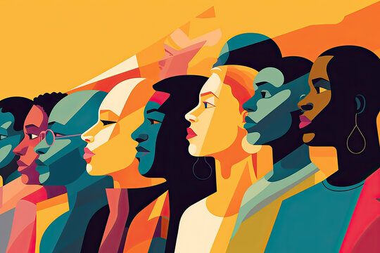 Flat vector illustration of diverse colourful people in front if yellow and orange background