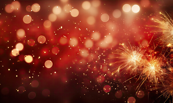 Dazzling fireworks and twinkling bokeh lights illuminate the dark night sky.
