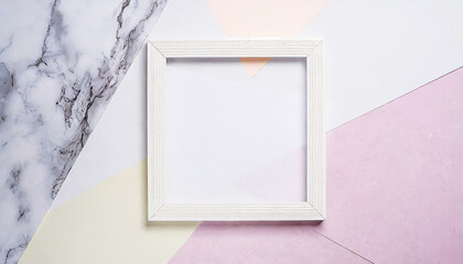 Empty white frame on pastel paper background
