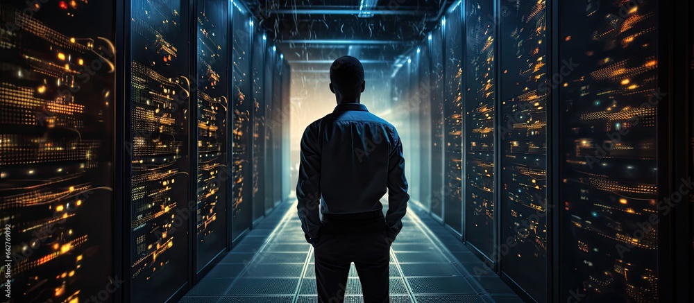 Poster it technician visually inspecting working server cabinets in a black data center while walking with 
