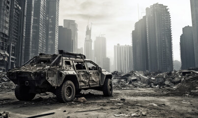 Burnt-out military vehicle.