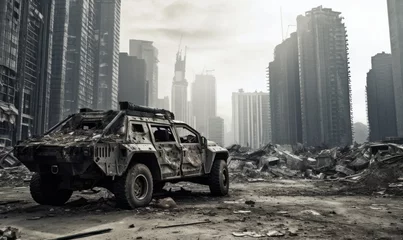 Fotobehang Burnt-out military vehicle. © Lidok_L