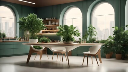 A Futuristic Kitchen Table with Greenery 3D Render by Carpoforo Tencalla