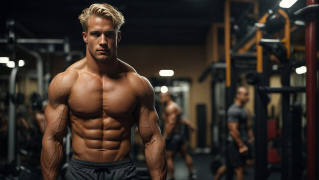 Attractive shirtless  male bodybuilder in shorts showing muscular torso and posing at gym.