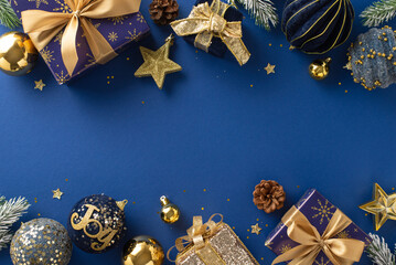 Glitzy Seasonal Elegance. Top view of shimmering blue and gold-wrapped gifts, festive baubles,...