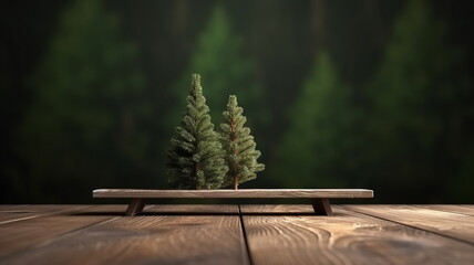 Two little green fir trees on wooden table top. Copy space - obrazy, fototapety, plakaty