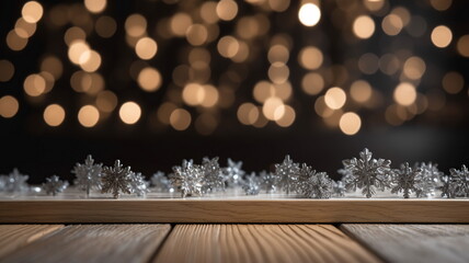 Christmas background with silver snowflakes on wooden table and gold bokeh lights. Copy space