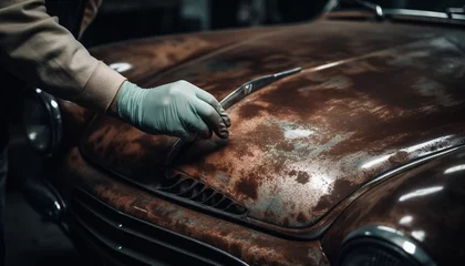 Fotobehang Auto mechanic repairing damaged car bodywork with metal work tool generated by AI © Stockgiu
