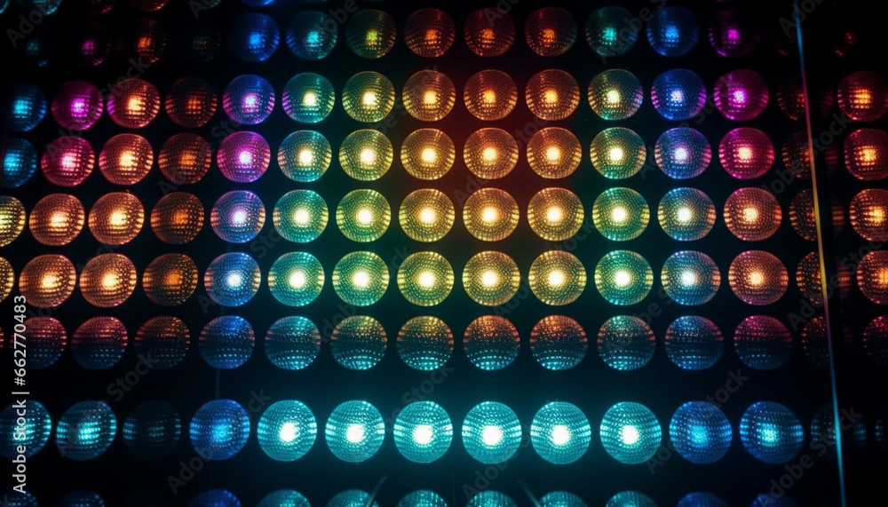 Poster glowing multi colored circles illuminate abstract nightclub backdrop with defocused shapes generated