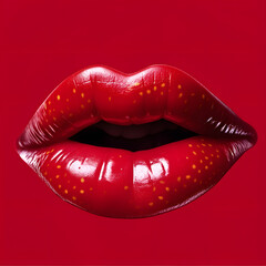 An illustration of strawberry like lips. Red lips on red background. Minimalistic concept