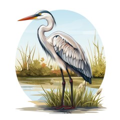 Fototapeta premium Graceful heron stands still in a marsh