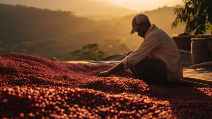 latino american farmer working in a coffee field. - obrazy, fototapety, plakaty