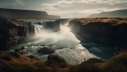 Naklejka premium Majestic mountain range, coastline, and spray create awe inspiring beauty generated by AI