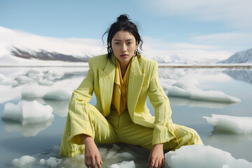Naklejka na ściany i meble Fashionable girl in stylish clothes sitting on a frozen sea. Winter concept