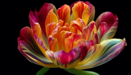 Vibrant multi colored flower head in close up on black background generated by AI