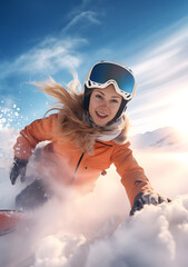 Fototapeta na wymiar Pretty woman in warm clothing, helmet and ski goggles skiing in a mountainous and snowy location. Winter concept