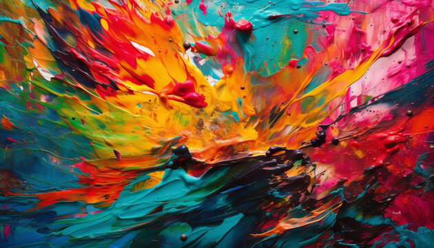 Vibrant colors mix in chaotic abstract acrylic painting backdrop generated by AI