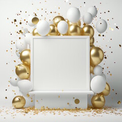 Fototapeta na wymiar Golden Celebration of White Card with Gold Confetti, Poppers, and Balloons.