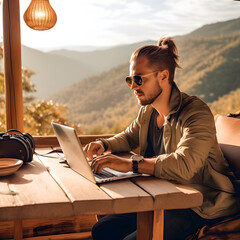 Attractive man working with laptop on cozy table in mountain seeing resort showing new lifestyle , nomad career