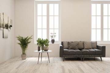 White living room with sofa. Scandinavian interior design. 3D illustration