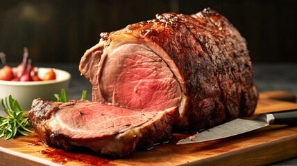 Delicious standing rib roasted with cut off slice on wood cutting board. Holiday meal for family...