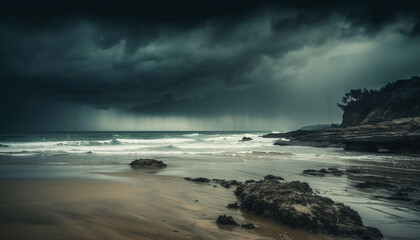 Dramatic sky over dark coastline, breaking wave reflects beauty in nature generated by AI
