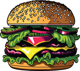 Cartoon burger set, Hamburger with melted cheese, lettuce, tomatoes and meat, Vector illustration