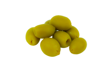 Pitted and marinated green olives isolated on white background.