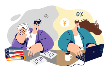 Happy woman investor near chinese currency symbol yuan, sitting in office with confused colleague