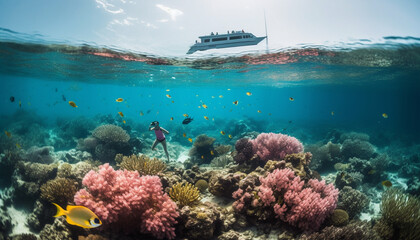 Swimming below multi colored reef, scuba diving adventure in tropical climate generated by AI - obrazy, fototapety, plakaty