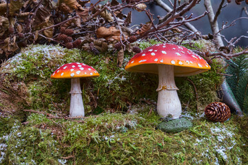 red mushroom with white dots and dark background