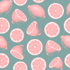 Citrus fruit seamless pattern. Colorful vivid print with juicy lemon slices. Repeated luxury design for packaging, cosmetic, menu, cafe, textile. Realistic detailed illustration.