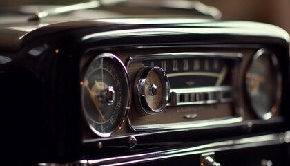 Obraz na płótnie Canvas Shiny chrome headlight on vintage car with elegant dashboard controls generated by AI