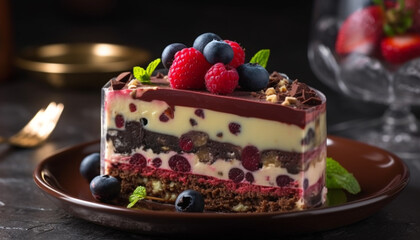 Indulgent gourmet dessert with fresh berry fruit and chocolate mousse generated by AI - obrazy, fototapety, plakaty
