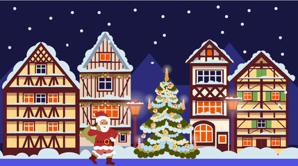 Santa Claus walks through a snowy European city with old Timber houses and a decorated Christmas tree, a festive Christmas illustration in a flat style, a greeting card for winter holidays.