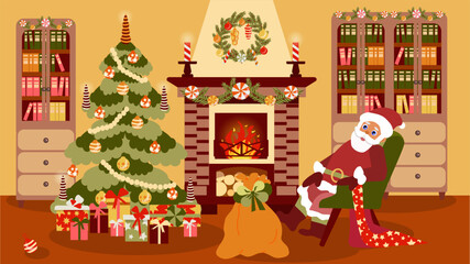Santa Claus is sitting on an armchair in a cosy living room with a fireplace, bookcases and a Christmas tree, Festive Christmas illustration in a flat style. Winter holiday interior decorations