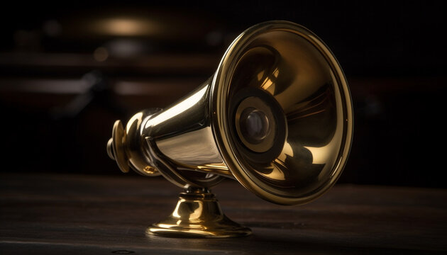 Shiny brass trumpet on wooden table, close up studio shot generated by AI