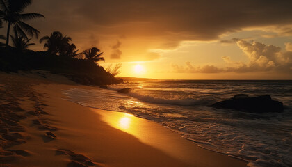 Obraz premium Tranquil sunset over tropical coastline, palm trees silhouette against orange sky generated by AI