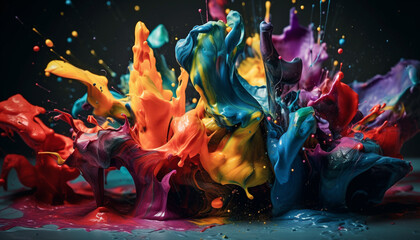 Vibrant colors exploding in a messy, wet acrylic painting backdrop generated by AI