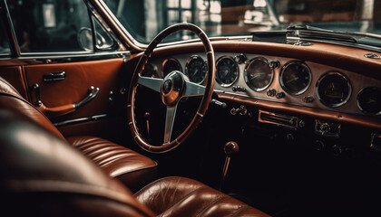 Vintage car with shiny chrome, leather seats, and elegant dashboard generated by AI