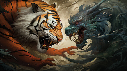 tiger vs dragon - obrazy, fototapety, plakaty