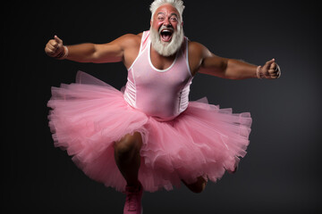 Eccentric senior silver hair man dressed in pink skirt looking playful while jumping against dark background