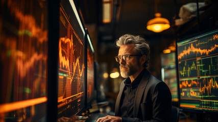 Obraz premium Confident mature stock market trader analyzing data on multiple computer monitors in futuristic office