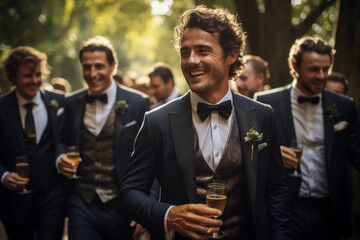 Happy groom and best men holding champagne flutes while walking outdoors together