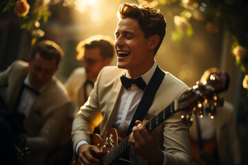 Elegant young male musician in formalwear playing guitar on luxury event outdoors - obrazy, fototapety, plakaty