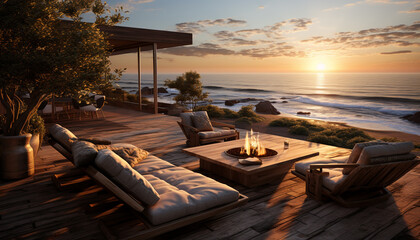 Sunset over a tranquil landscape, relaxation on a comfortable chair generated by AI