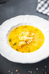 soup vegetable rice broth, potatoe, carrot, onion healthy eating cooking meal food snack on the table copy space food background rustic top view